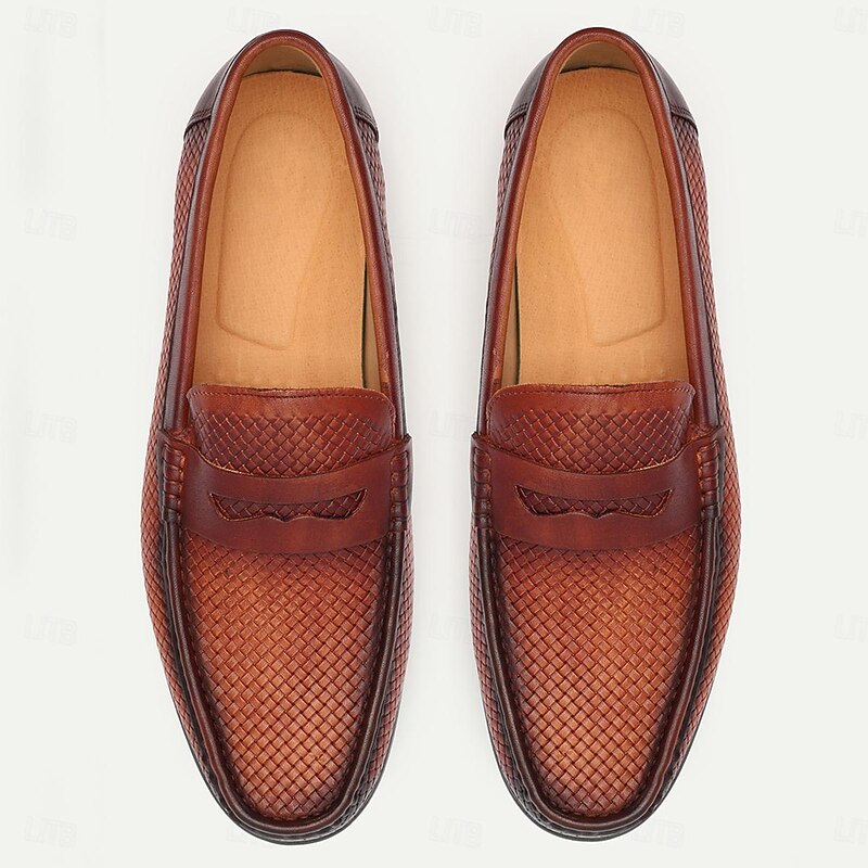 Men's Woven Burgundy Leather Loafers - Elegant Dress Shoes with Textured Finish and Premium Cowhide4