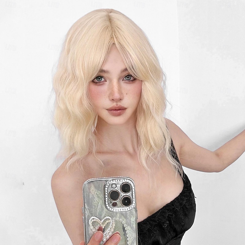 12Inch Synthetic Wigs For Women's Wig  White Blonde Short Curly Bobo Hair with  Bangs Fashion Lovely Party4