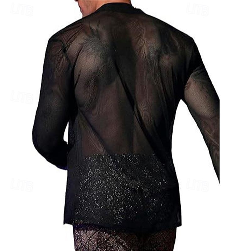 Men's Shirt Summer Shirt Mesh Shirt Sheer Shirt Sheer Blouse Black Long Sleeve Plain V Neck Hawaiian Holiday Mesh Clothing Apparel Fashion Casual Comfortable2