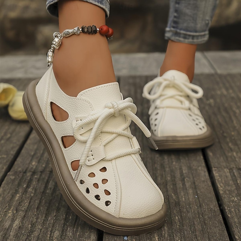 Women's White Cutout Lace-Up Faux Leather Flats – Breathable Casual Walking Shoes for Summer, Travel & Everyday Wear