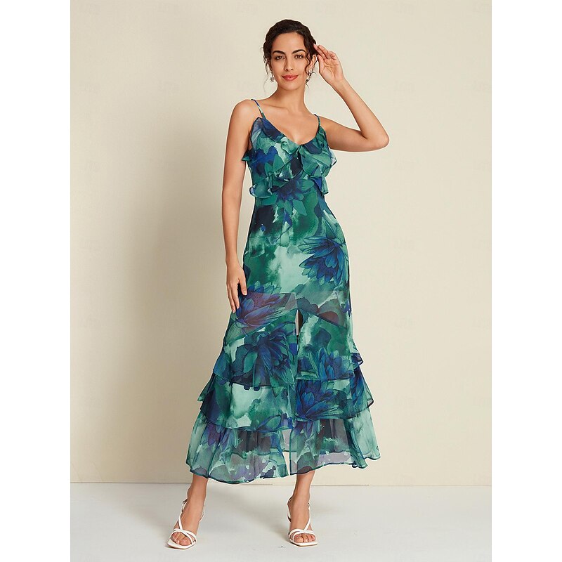 Chiffon Wedding Guest Floral Ruffle Split Ends Sleeveless Maxi Dress2