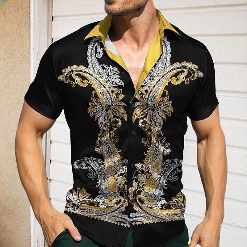 Men's Pattern Shirt Button Up Shirt Short Sleeve Casual Daily Holiday Summer Spring Turndown Print Black
