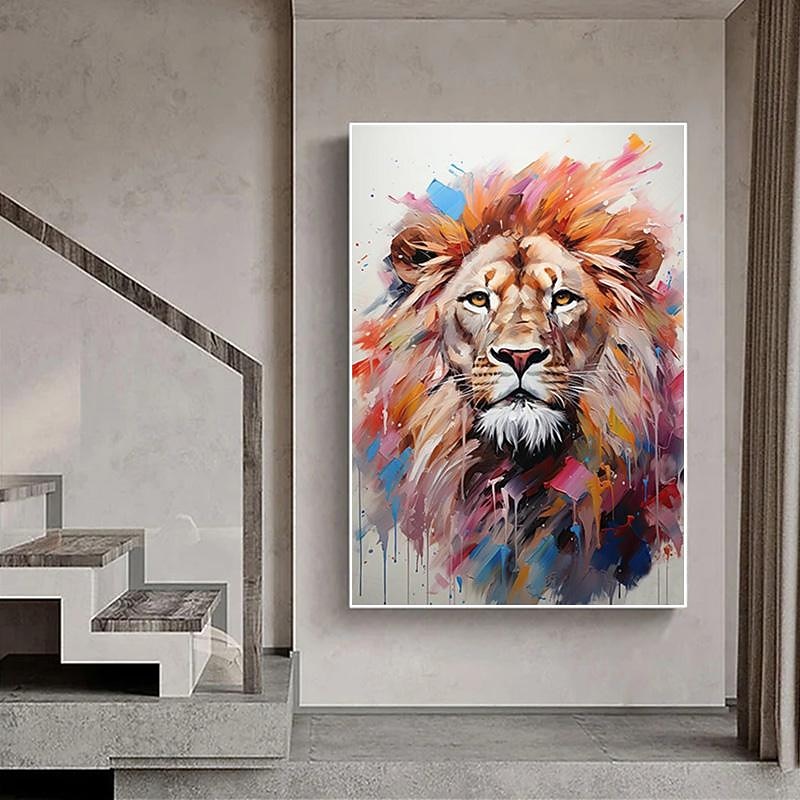 Handmade Original Lion And Elephant Oil Painting On Canvas Large Abstract Animal Canvas Wall Art Modern Impressionist Lion Artwork For Living Room Bedroom Decor No Frame - Main Image