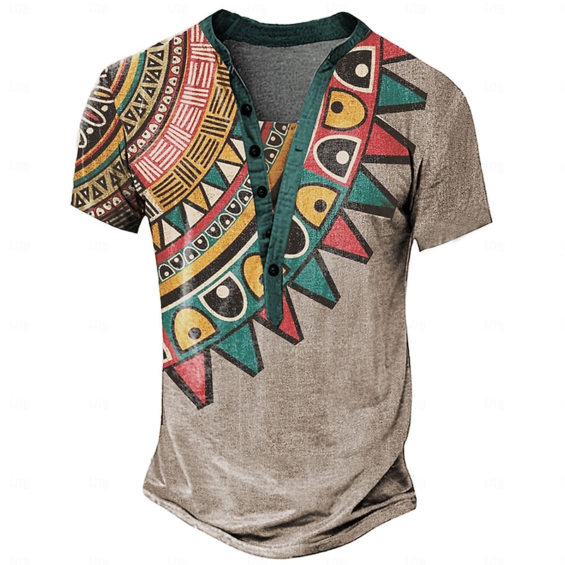 Men's Graphic Tribal Henley Shirt Short Sleeve 3D Print Fashion Designer Basic Daily Summer Royal Blue Light Brown Khaki Stand Collar Henley T-Shirt4