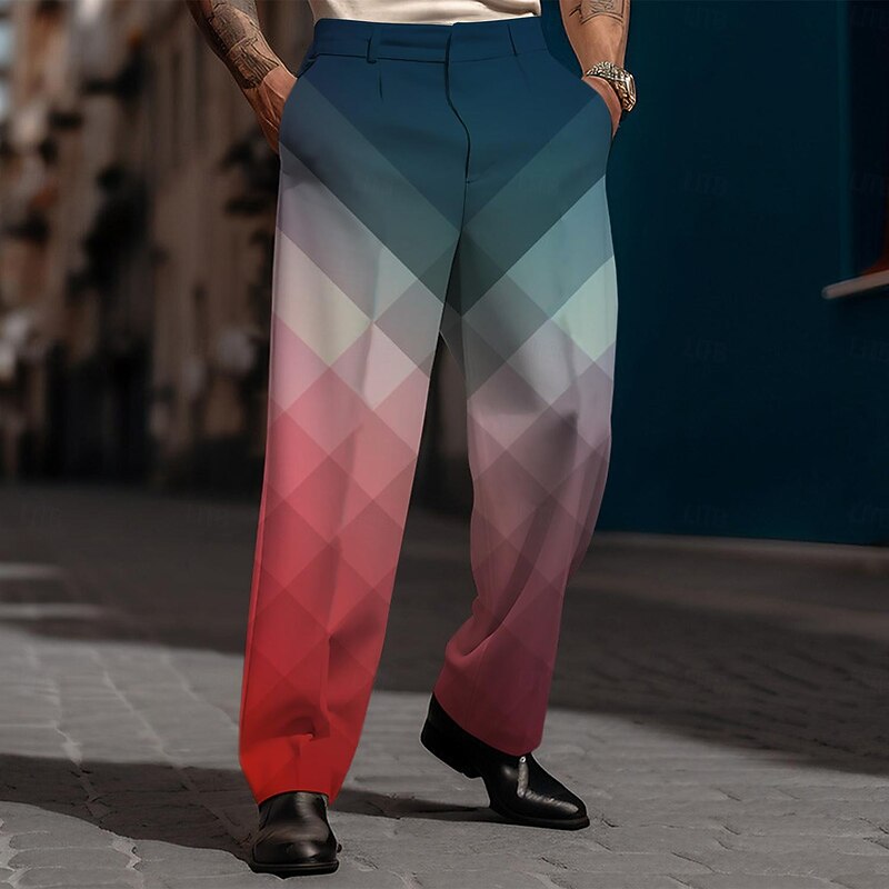Men's Plaid Dress Pants Mid Waist Business Casual Wedding Dailywear Pocket Straight Leg Trousers Summer Spring Fall Red Blue Gray