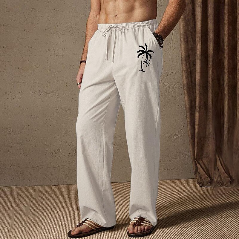 Men's Summer Pants Elastic Waist Tree Coconut Tree Comfort Full Length Outdoor Streetwear Vacation Hawaiian White Blue Micro-elastic