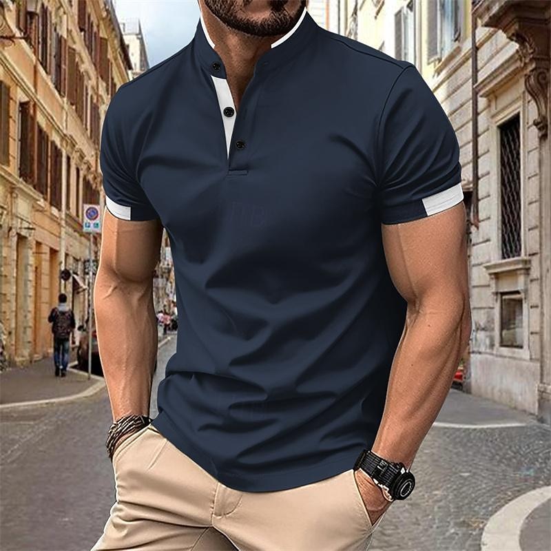 Men's Golf Shirt Golf Polo Work Casual Stand Collar Short Sleeve Basic Modern Color Block Patchwork Button Spring & Summer Regular Fit Black White Navy Blue Sky Blue Khaki Gray Golf Shirt