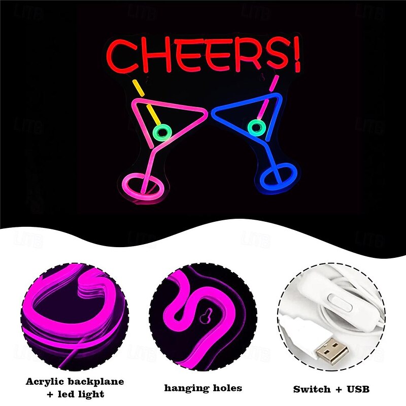 Oktoberfest Cheers USB Cocktails Neon LED Sign Light, Beer Bar Club Acrylic Neon Lights Sign for Hotel Pub Cafe Birthday Party Teen Room Wall Decorative Lamp 1PC2