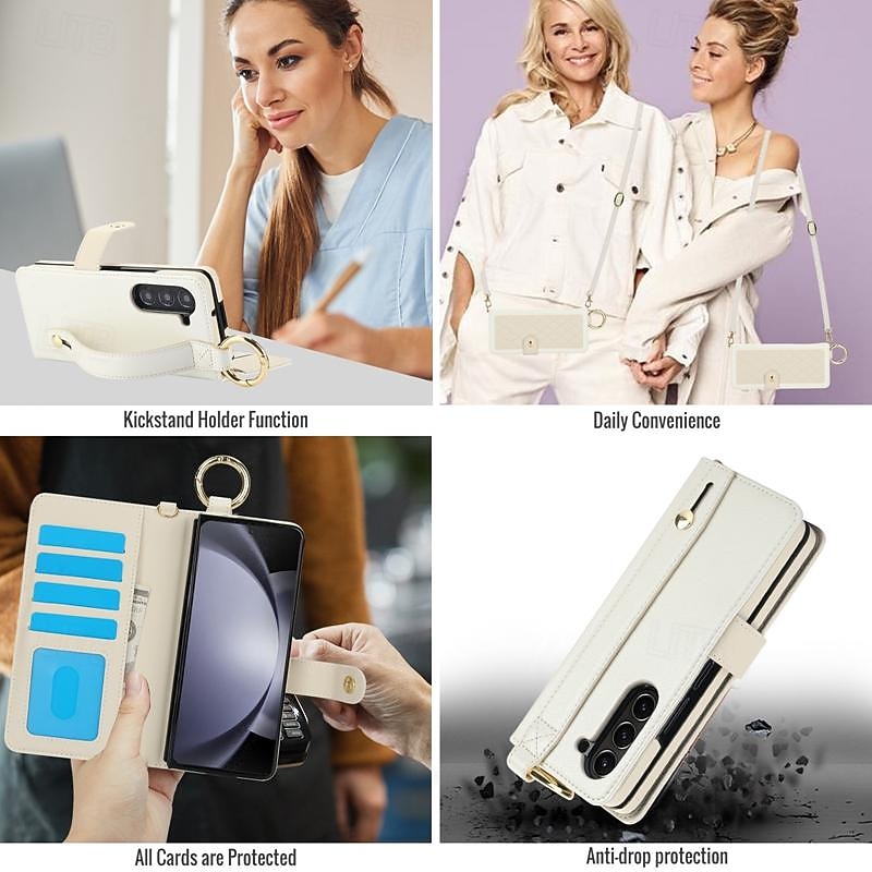 Phone Case For Samsung Galaxy Z Fold 7 Z Fold 6 Z Fold 5 Z Fold 4 Z Fold 3 Back Cover with Stand Holder Magnetic with Lanyard Retro TPU PU Leather4