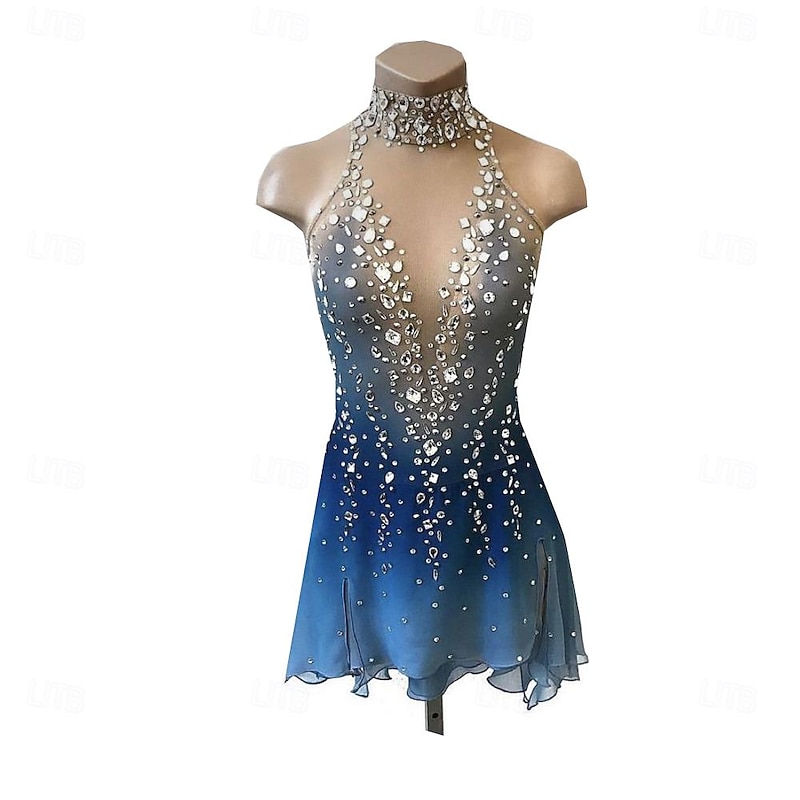 Figure Skating Dress Women's Girls' Ice Skating Dress Blue Thumbhole Halo Dyeing High Elasticity Professional Competition Skating Wear Thermal Warm Crystal / Rhinestone Long Sleeve Ice Skating Figure2