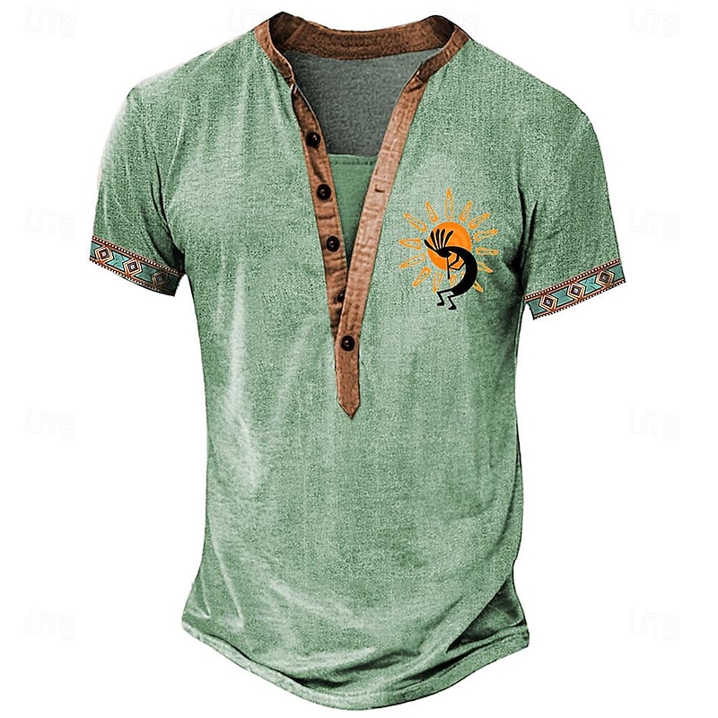 Men's Graphic Tribal Henley Shirt Short Sleeve 3D Print Fashion Designer Basic Daily Summer Light Blue Green Khaki Stand Collar Henley T-Shirt