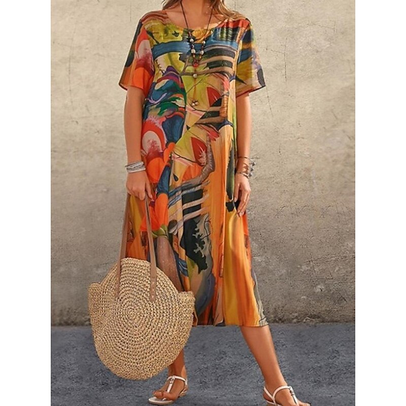 Women's Abstract Print Crew Neck Midi Dress Casual Daily Short Sleeve Summer3