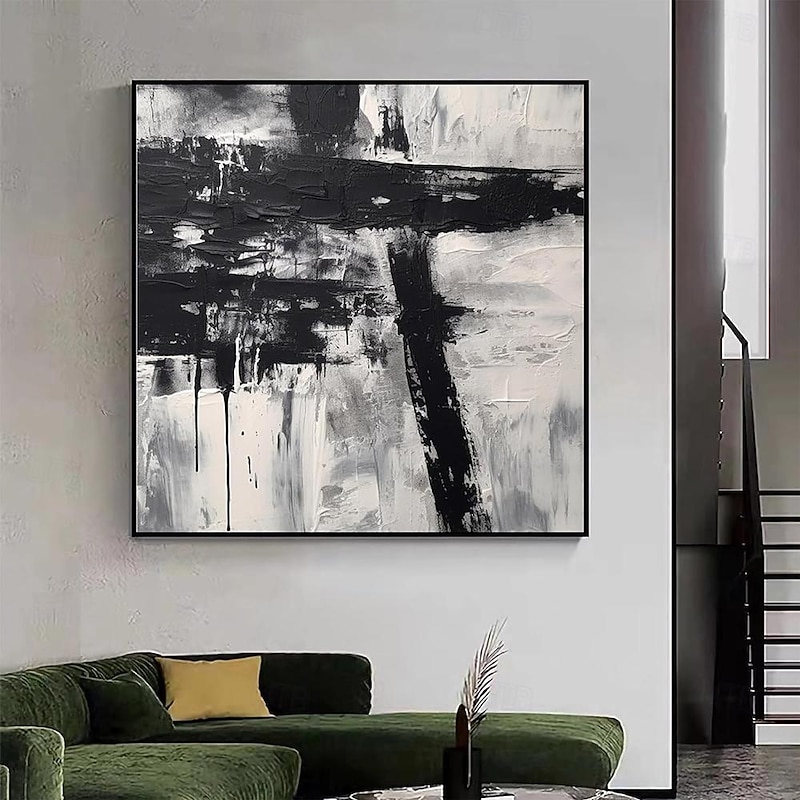 Handmade Oil Painting Acrylic Canvas Wall Art Decoration Minimal Black and White Abstract Texture for Home Decor Rolled Frameless Unstretched Painting4