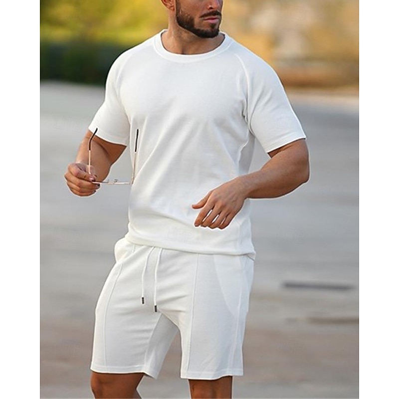 Men's T-shirt Suits 2 Pieces Outfits Tee & Shorts Short Sleeve Crew Neck Summer Plain Fashion Casual 2 Piece Vacation Daily Wear Going out White Pink Green Top Tee for Men2