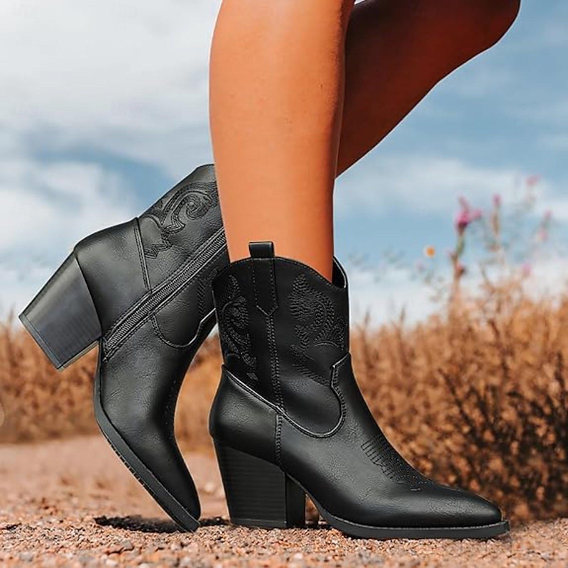 Women's Black Western Cowboy Boots with Embroidered Details, Chunky Block Heel, Stylish Country Rodeo and Music Festival Footwear