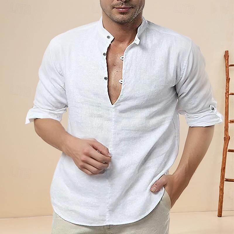 Men's Shirt Chinese Collar Shirt Mandarin Collar Shirt Popover Shirt Casual Shirt Cotton Shirt Plain Vacation Hawaiian Black White Long Sleeve Band Collar Spring &  Fall Clothing Apparel