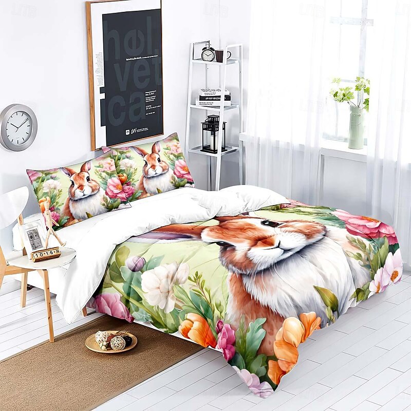 Watercolor Hand-painted Plush Bunny 3-piece set of Down Duvet Covers for Hotel Bedrooms Guest Rooms Luxury Accommodations Bedding Comfort Set 1 Down Duvet Cover 2 Pillowcases2