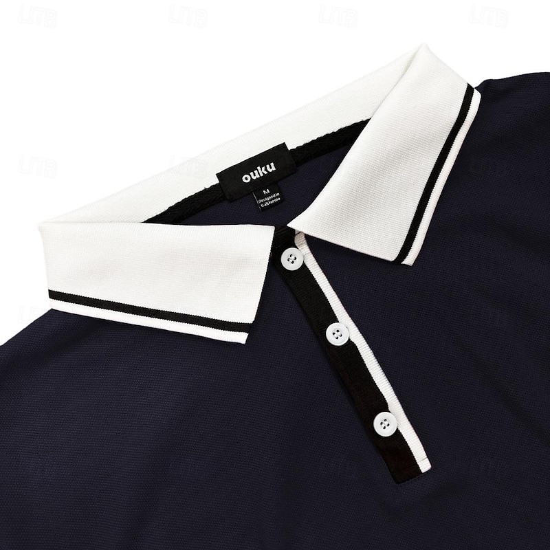 Men's Cotton Polo Shirt Golf Shirt Business Casual Ribbed Polo Collar Short Sleeve Fashion Basic Solid Color Color Block Buttons Summer Spring &  Fall Regular Fit Light Blue Black Blue Cotton Polo3
