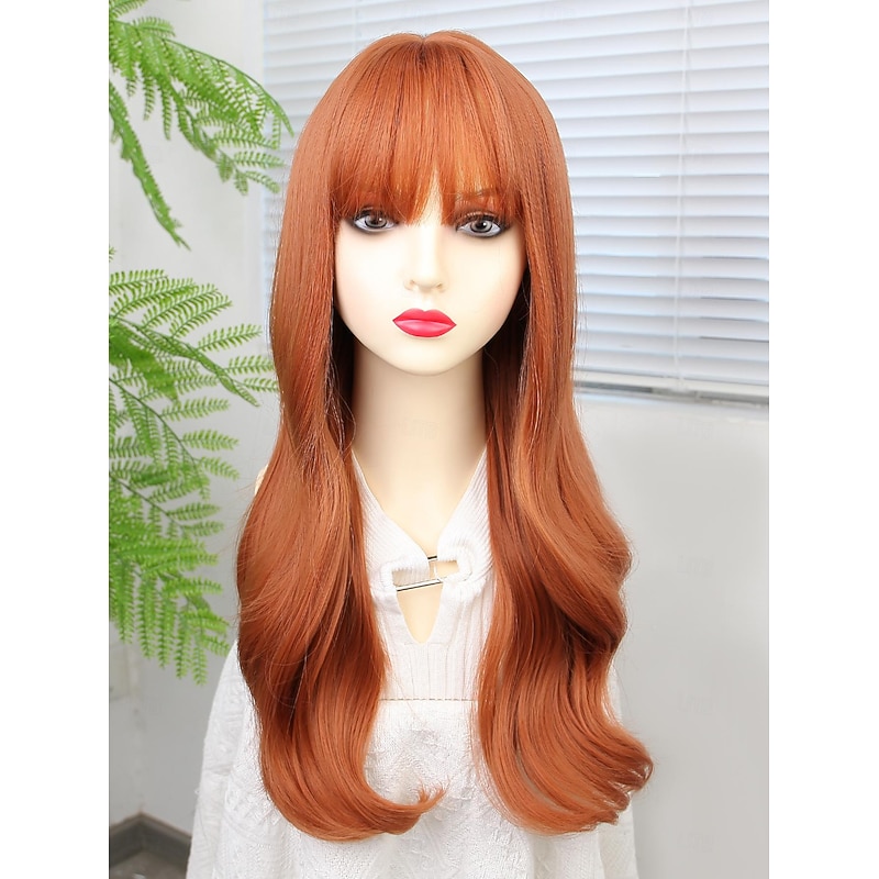 Synthetic Wig Deep Wave Neat Bang Wig 22 inch Auburn Synthetic Hair Women's Orange2