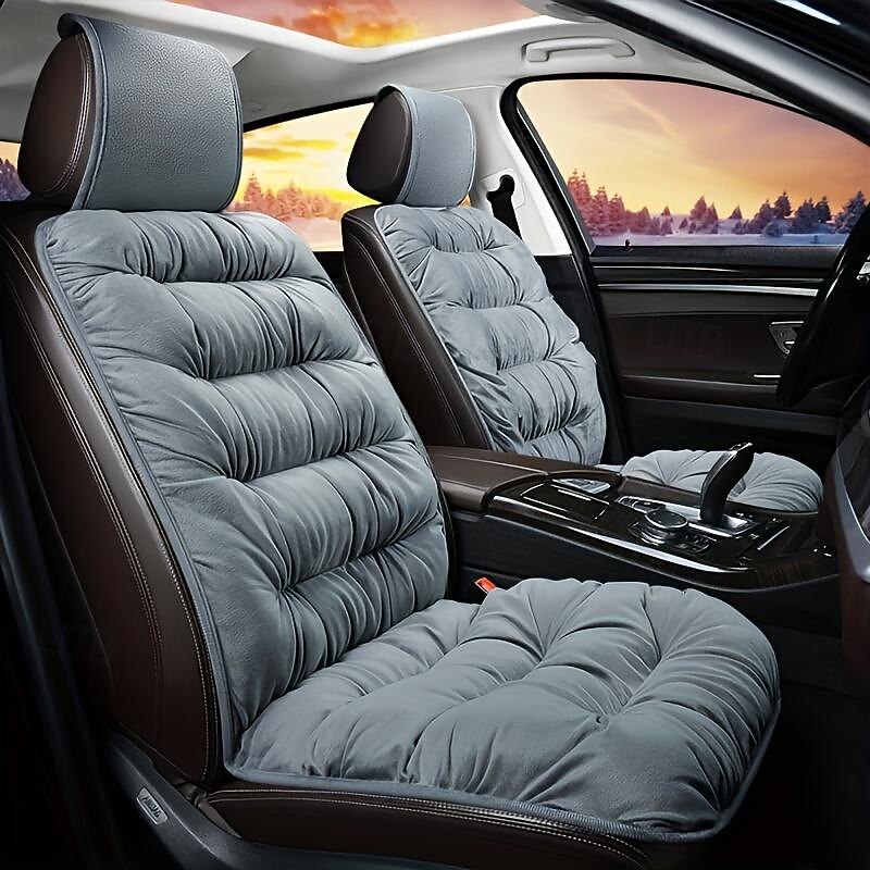 1pc Winter Car Front Cushion Plush Thickened, Single Seat, With Backrest, Universal Fit, Front Seat Cover