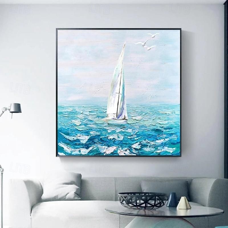 Sea Landscape White Boat Painting hand painted Navy Blue Orange Textured Landscape Painting On Canvas for  Living room Modern Wall Art Sky Painting for living room artwork painting