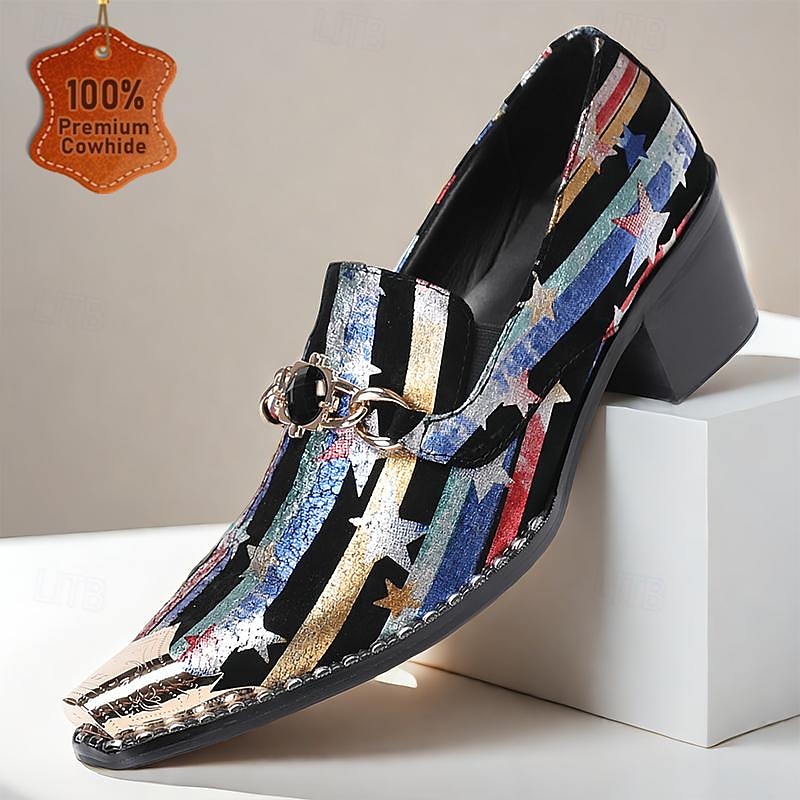 Men's Premium Cowhide Star Pattern Loafers–Stylish Party Shoes with Gold Tip Metal Buckle and High Heel, Ideal for Special Occasions