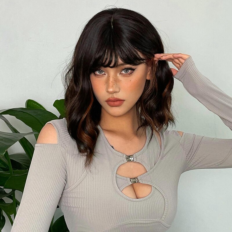 Synthetic Wig Uniforms Career Costumes Princess Curly Wavy Middle Part Layered Haircut Machine Made Wig 14 inch Black / Brown Synthetic Hair Women's Cosplay Party Fashion Natural Black2