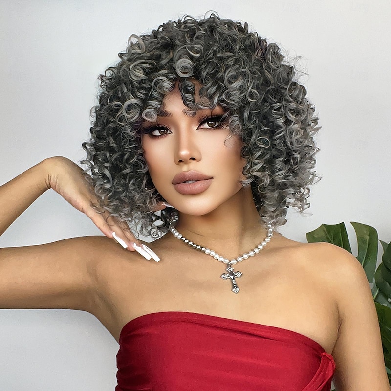 Synthetic Wig Uniforms Career Costumes Princess Deep Curly Afro Curly Middle Part Layered Haircut Machine Made Wig 10 inch Grey Synthetic Hair Women's Cosplay Party Fashion Dark Gray2
