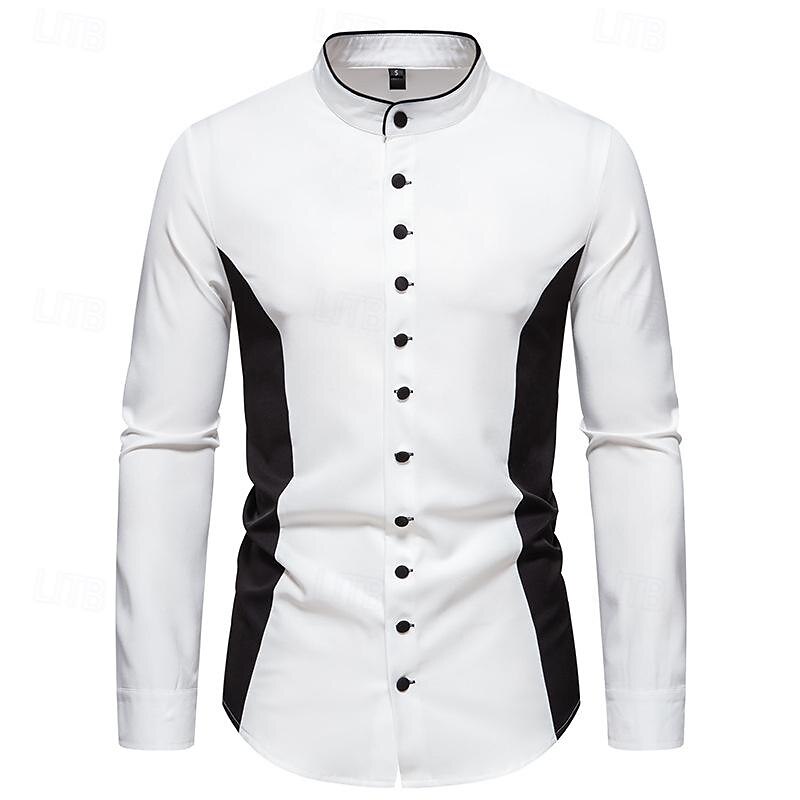 Men's Shirt Chinese Collar Shirt Mandarin Collar Shirt Summer Shirt Casual Shirt Beach Shirt White Yellow Long Sleeve Color Block Grandad Collar Band Collar Vacation Hawaiian Patchwork Clothing2
