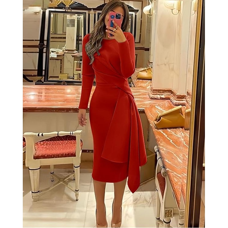 Beach Wedding Sheath Cocktail Dresses Elegant Dress Formal Fall Knee Length Long Sleeve Jewel Neck Stretch Fabric with Pleats Ruched Dresses