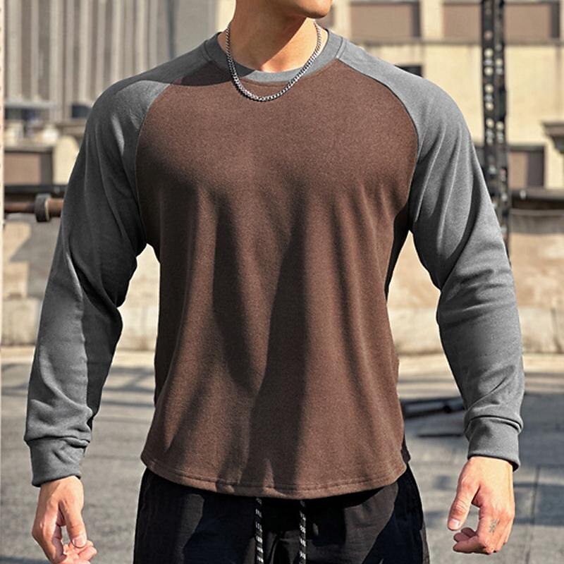Men's Running T-Shirt Patchwork Long Sleeve Tee Tshirt Casual Athleisure Color Block Soft Breathable Gym Workout Walking Jogging Sportswear Activewear Black White Coffee