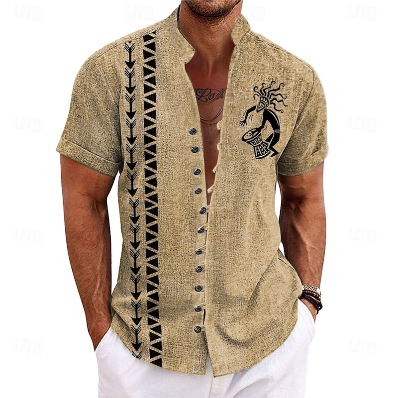 Men's Ethnic Kokopelli Shirt Button Up Shirt Short Sleeve Casual Tribal Vacation Daily Summer Spring Grandad Collar Band Collar Buttons Print Pink Blue Green Khaki Beige4