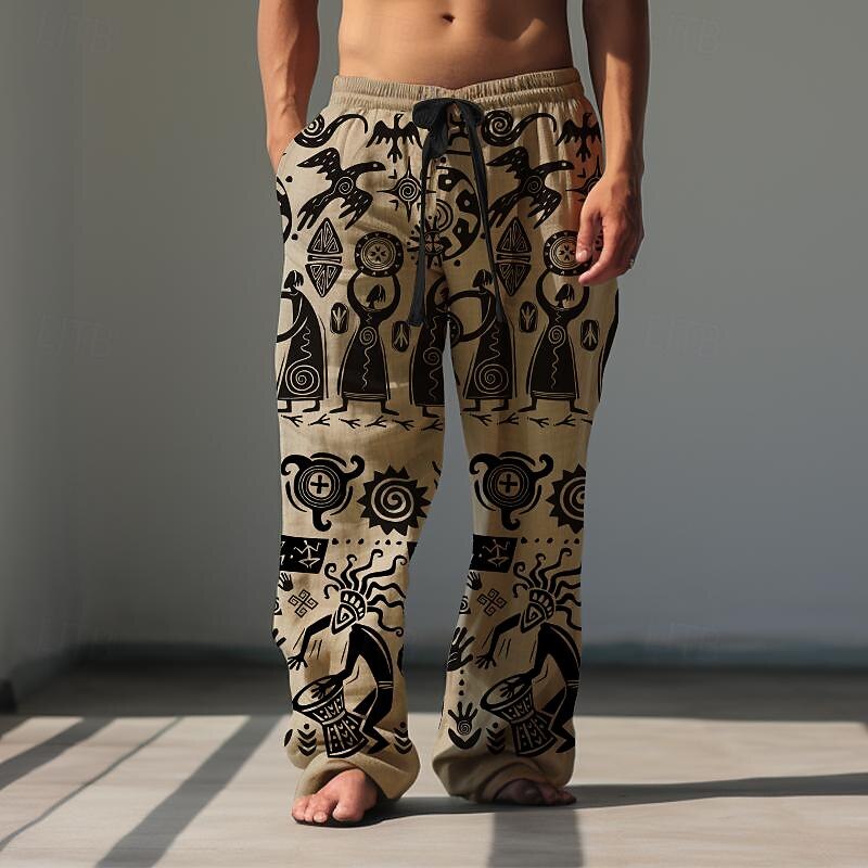 Men's Print Casual Pants Mid Waist Hawaiian Ethnic Style Holiday Straight Leg Summer Spring 3D Print Black Brown Green