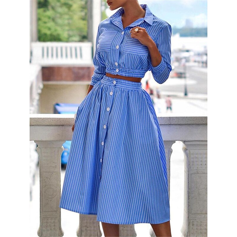 Women's Dress Set Shirt Dress Classic Modern Stripe Buttons Long Dress Maxi Dress 3/4 Length Sleeve Shirt Collar Office Daily Black Blue Green Summer Regular Fit