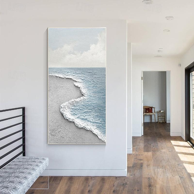 Light Blue Seascape Painting hand painted 3D Textured Art painting White Sea Wave Gray Beach Abstract Painting hand painted  Acrylic wave ocean Painting Large Framed Wall Art paintings3