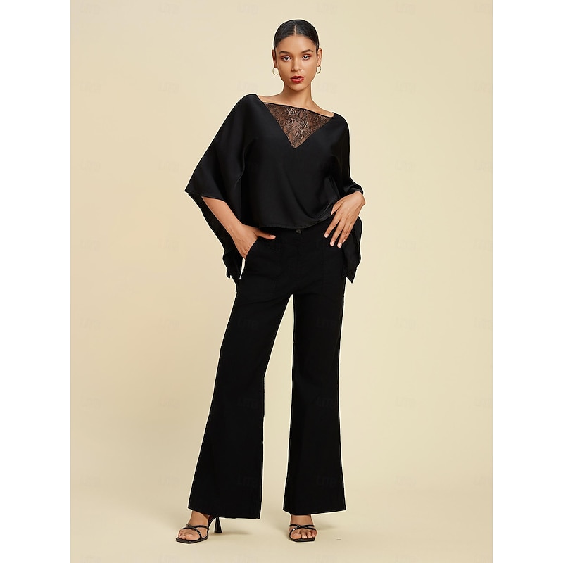 Women's Summer Tops Solid / Plain Color Casual Daily Weekend Batwing Sleeve Black Lace Dolman Casual Daily Bateau Summer3