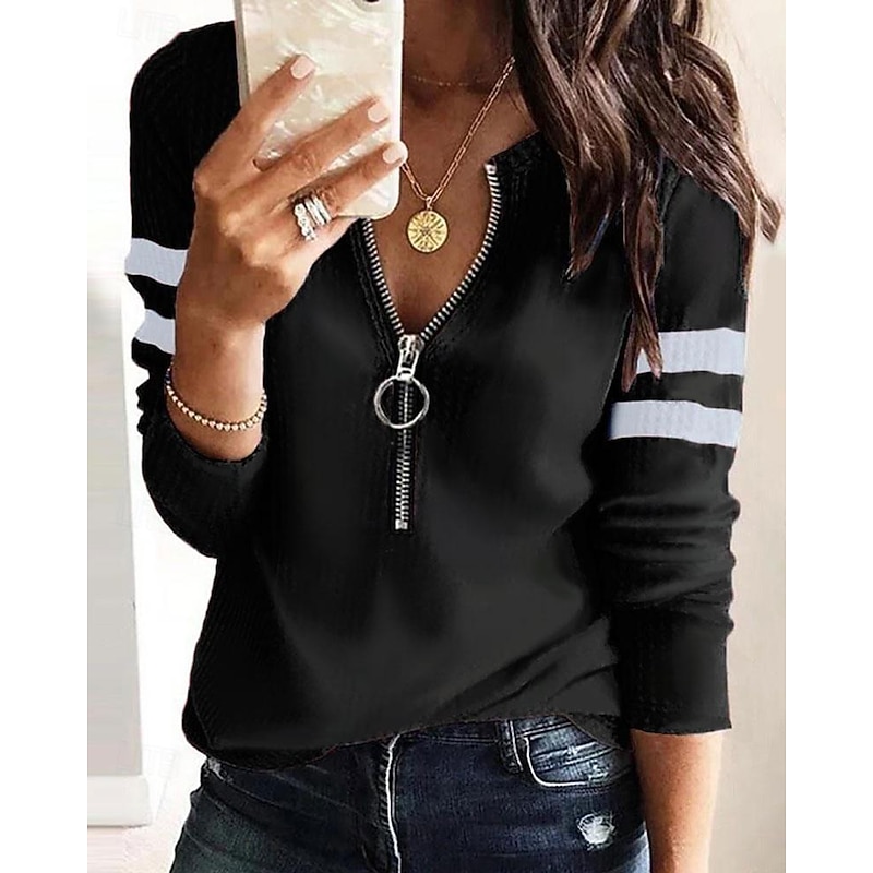 Women's T shirt Long Sleeve Quarter Zip Long Sleeve Casual Zip Up Sweatshirt Sweatshirt Pullover Sports Basic Textured Waffle Street V Neck Half Zip Black White Red Blue Gray Fall & Winter Prefall