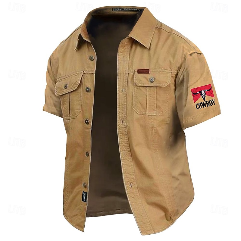 Men's Cow Print Cowboy Work Shirt Western Shirt Cargo Shirt Short Sleeve Casual Tactical Sports & Outdoor Going out Summer Spring Turndown Print Army Green Khaki Dark Blue