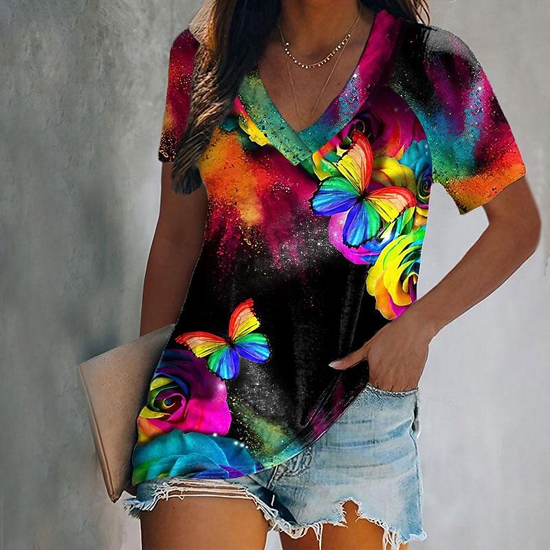 Women's T Shirt Basic Butterfly Print Short Sleeve Regular Tops V Neck Daily Weekend Yellow Blue Light Blue Summer