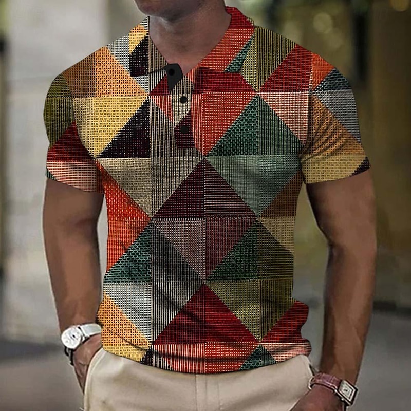 Men's Plaid Golf Shirt Short Sleeve Polo Shirts Collared Shirts Casual Vacation Wear Formal Wear Festival Wear Buttons 3D Print Summer Spring Yellow