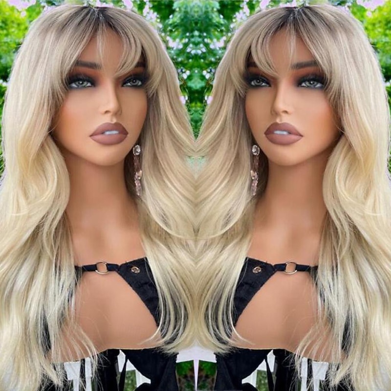 Remy Human Hair 13x4 Lace Front Wig With Bangs Vietnamese Hair Wavy Blonde Multi-color Wig 130% 150% Density Ombre Hair Natural Hairline 100% Virgin Glueless For Women Long Human Hair Lace Wig4