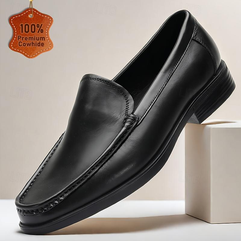 Men's Premium Cowhide Leather Loafers - Classic Black Slip-On Dress Shoes for Business and Formal Wear