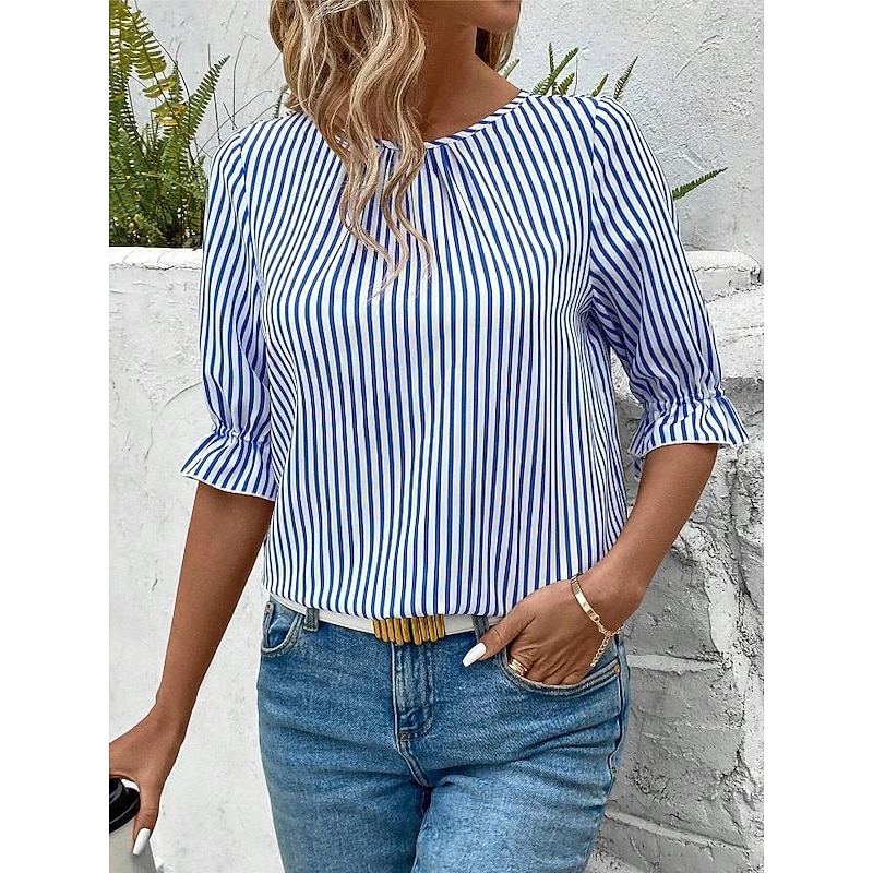 Women's Blouse Dressy Tops Striped Elegant Bohemia Half Sleeve Crew Neck Work Ruffle Buttons Blue Summer3
