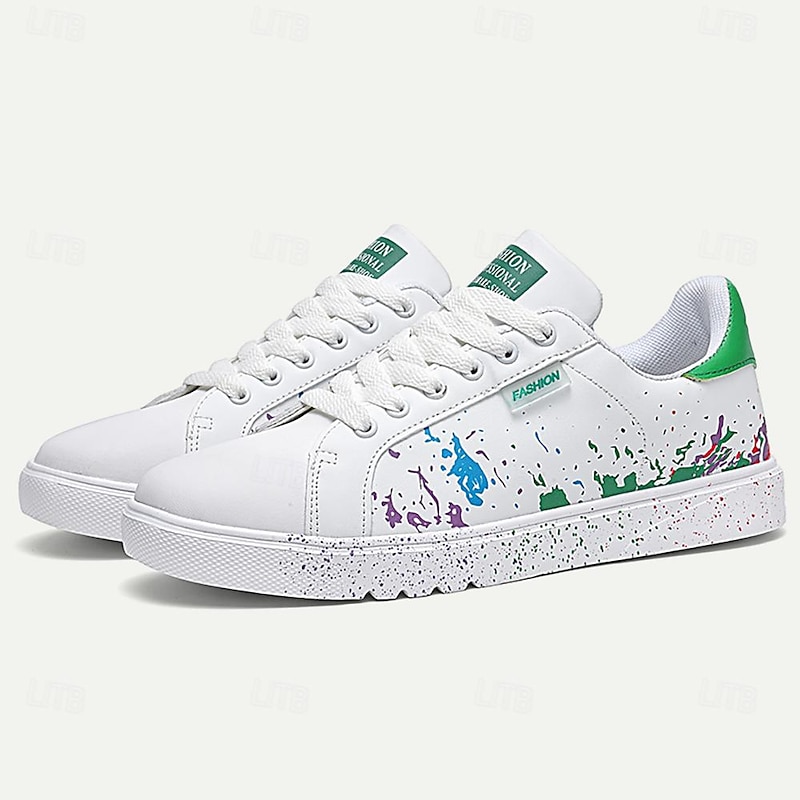 Men's Casual White Sneakers with Color Splash Design - Comfortable Fashionable Low-Top Lace-Up Shoes2