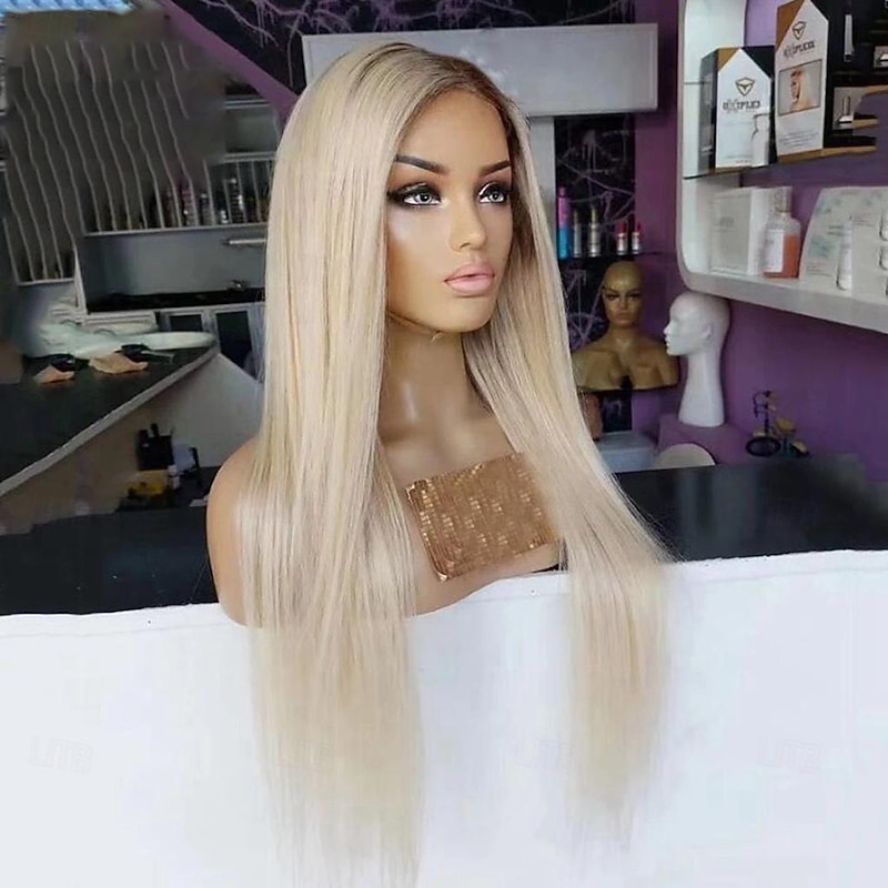 Ash Blonde Straight Remy Human Hair Lace Front Wig Preplucked Brazilian Virgin Hair  Colored Ombre Lace Front Human Hair Wigs with Baby Hair for Women2