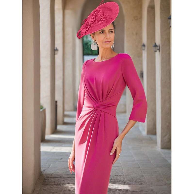 Sheath Mother of the Bride Dress Wedding Guest Elegant Jewel Neck Ankle Length Stretch Fabric Half Sleeve with Feather stretch dress3