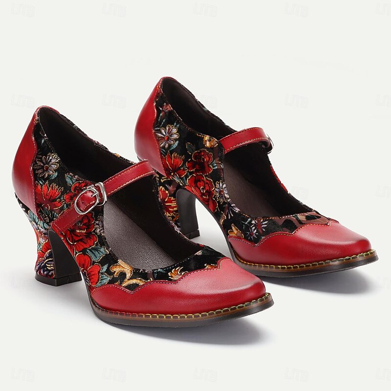 Elegant Vintage Gatsby Red Floral Embroidered Mary Jane Pumps with Chunky Heels-Stylish Women's Dress Shoes4