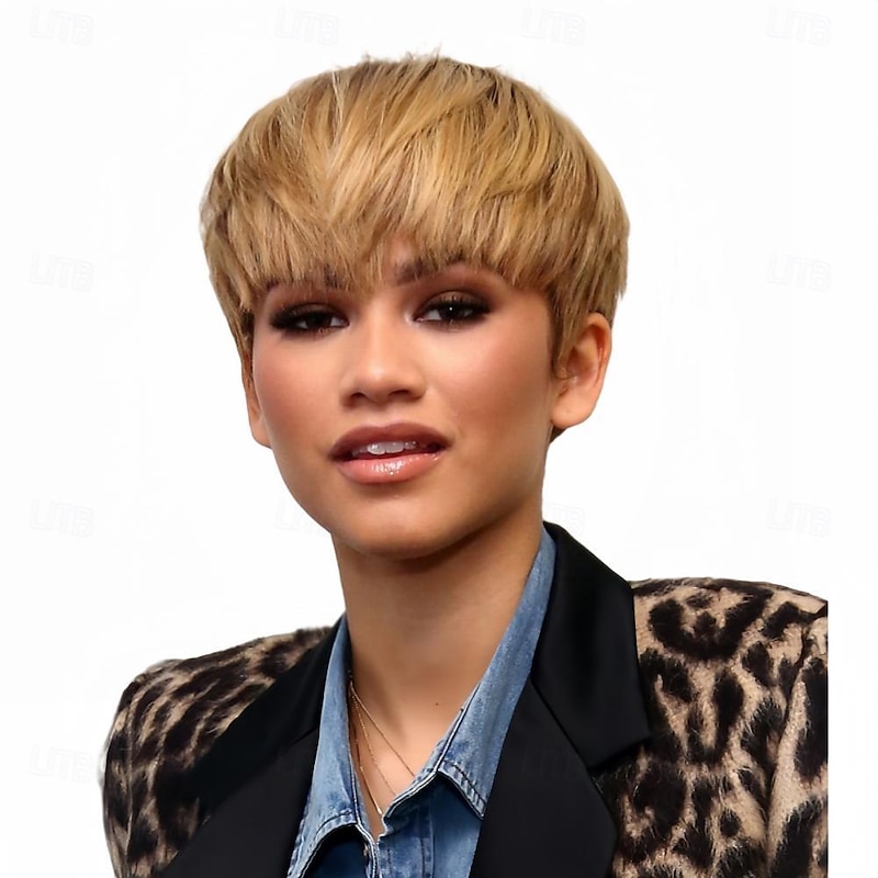 Brown Short Pixie Cut Wig Human Hair For Black Women Machine Made Wigs With Bangs Colored Glueless Wig Human Hair Wigs