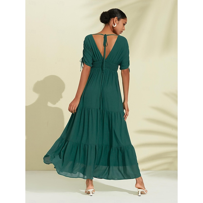 Women's Chiffon Green Halter V Neck Tie Back Smock Maxi Dress4