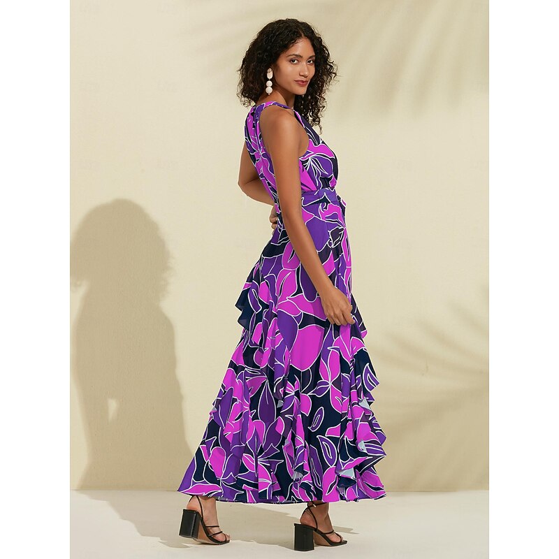 Women's Chiffon Dress Maxi Dress Blue Purple Sleeveless Floral Ruffle Printing Spring & Summer Round Pattern Dress XS S M3